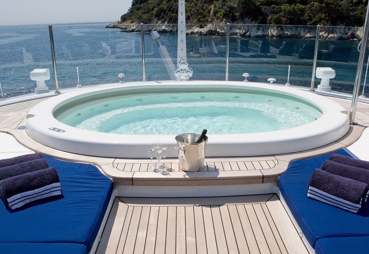 59m Custom Superyacht Large Jacuzzi Pool With Champagne And Sun Pads